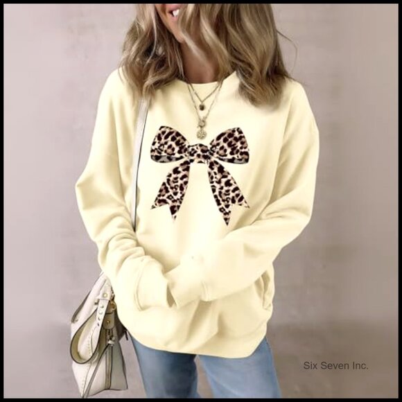 Leopard Print Bow Graphic Sweatshirt Preppy Pullover Trendy Casual Crewneck - Picture 5 of 7
